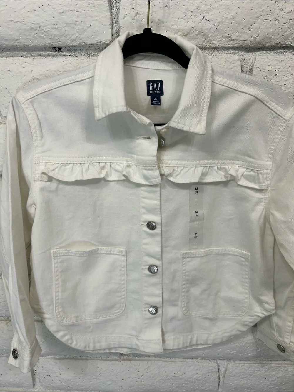 Gap Denim White Ruffle Detail Cropped Jean Jacket Girls‎ Size 8 NWT